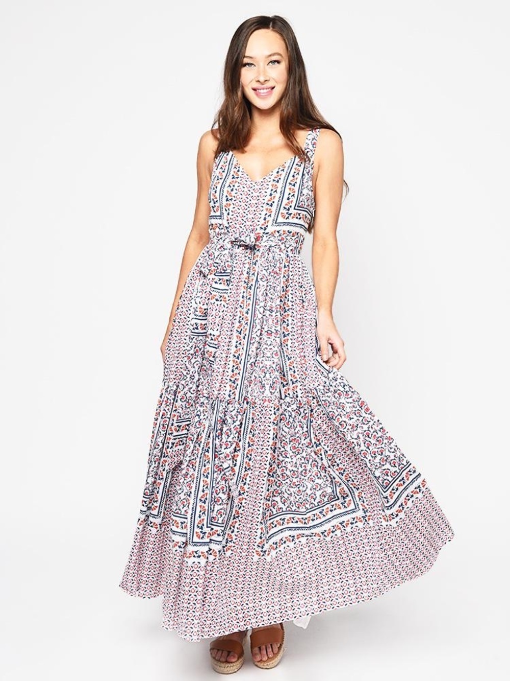 Roller Rabbit White Maxi Dress with Navy and Coral Print